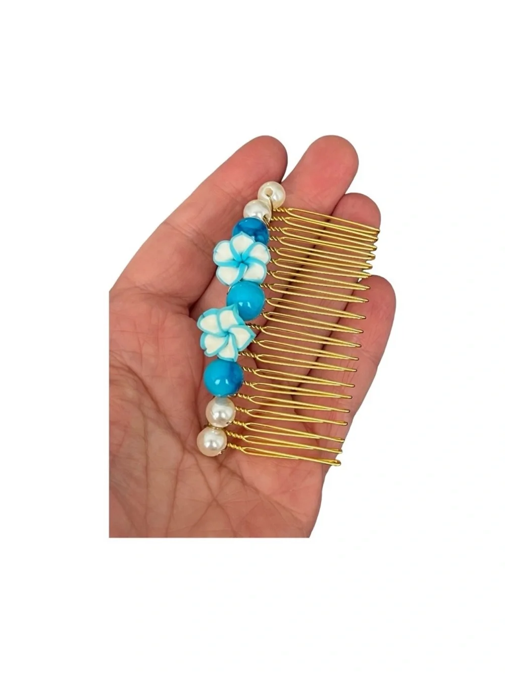 Gold Hair Comb with Turquoise Blue Flower Beads FINAL PRICE DROP